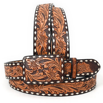 ADBLF238 Two-Tone Tooled Leather Belt with Whipstitch Edge and Matching Buckle